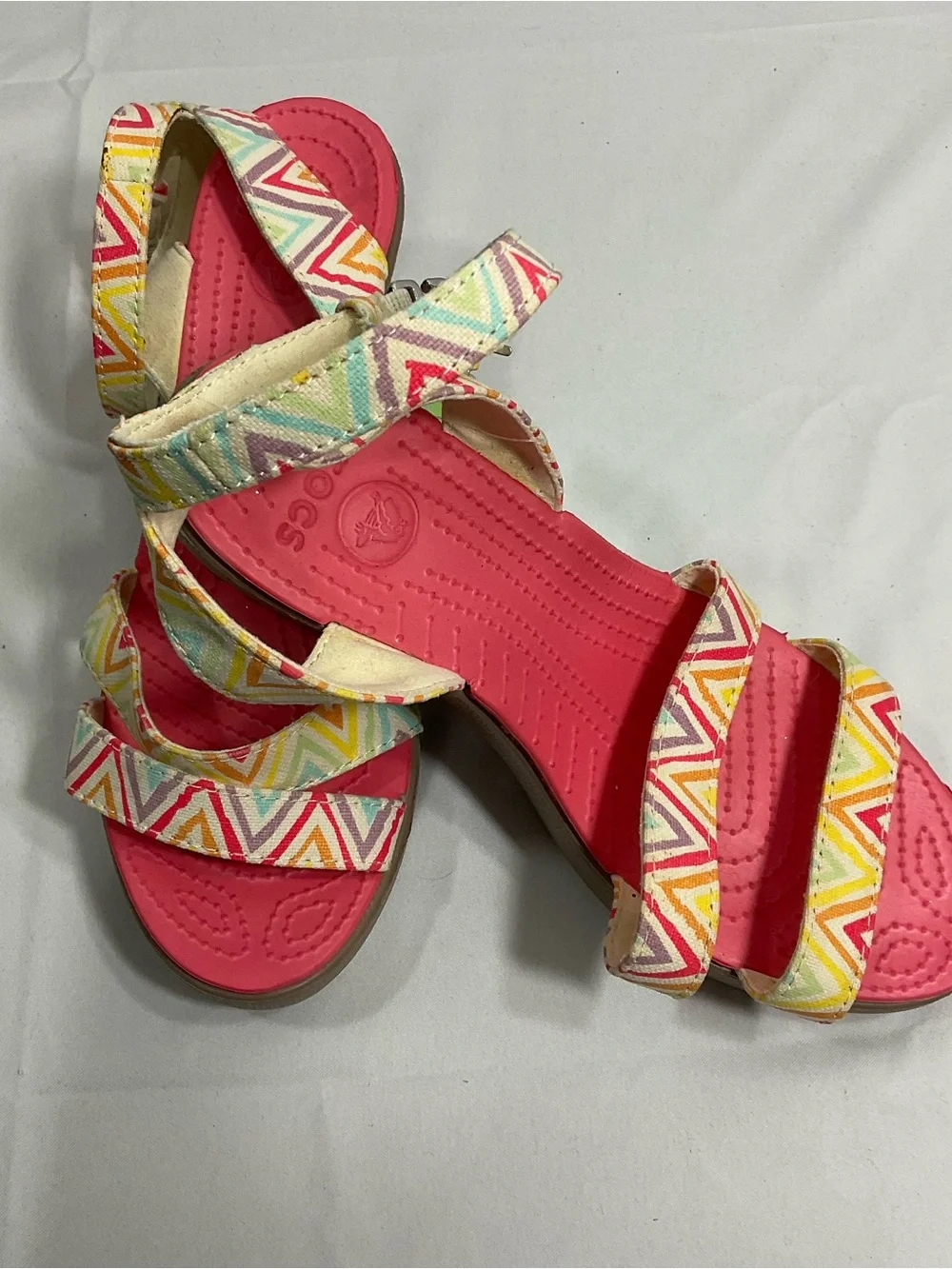 CROCS Women's Pink Sandals with Multi-Color Chevron Straps